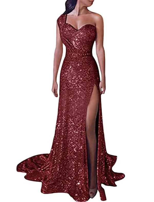 Luolandi Mermaid Dress Evening Dresses Christmas Red Green Dress Sparkle & Shine Dress Prom Formal Evening Court Train One Shoulder Sleeveless Sequined with Sequin Slit Sexy