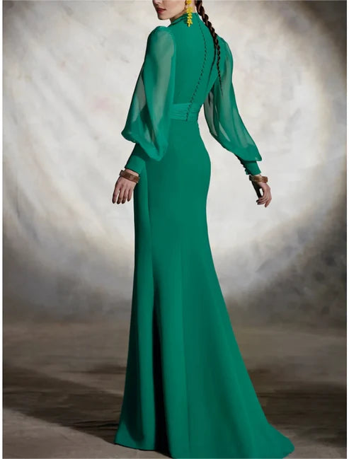 Luolandi Sheath Party Dress Wedding Guest Dresses High Split Dress Formal Fall Floor Length Long Sleeve V Neck Chiffon with Slit