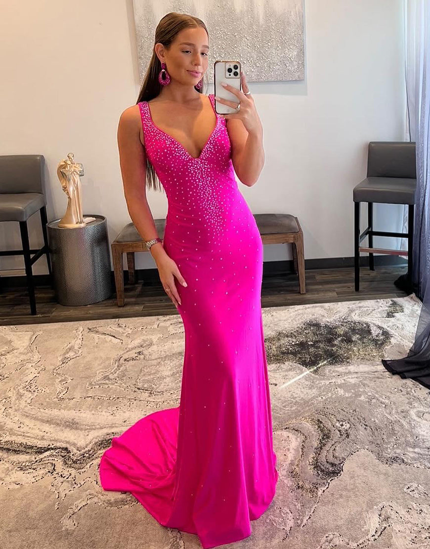Luolandi Pink Mermaid Prom Dress with Beading V-neck Sexy Evening Dress