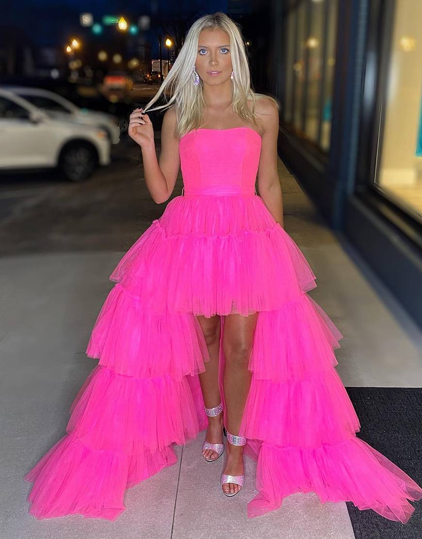 Luolandi Tiered Long High Low Prom Dress Off Shoulder Pure Color Sexy Evening Dress