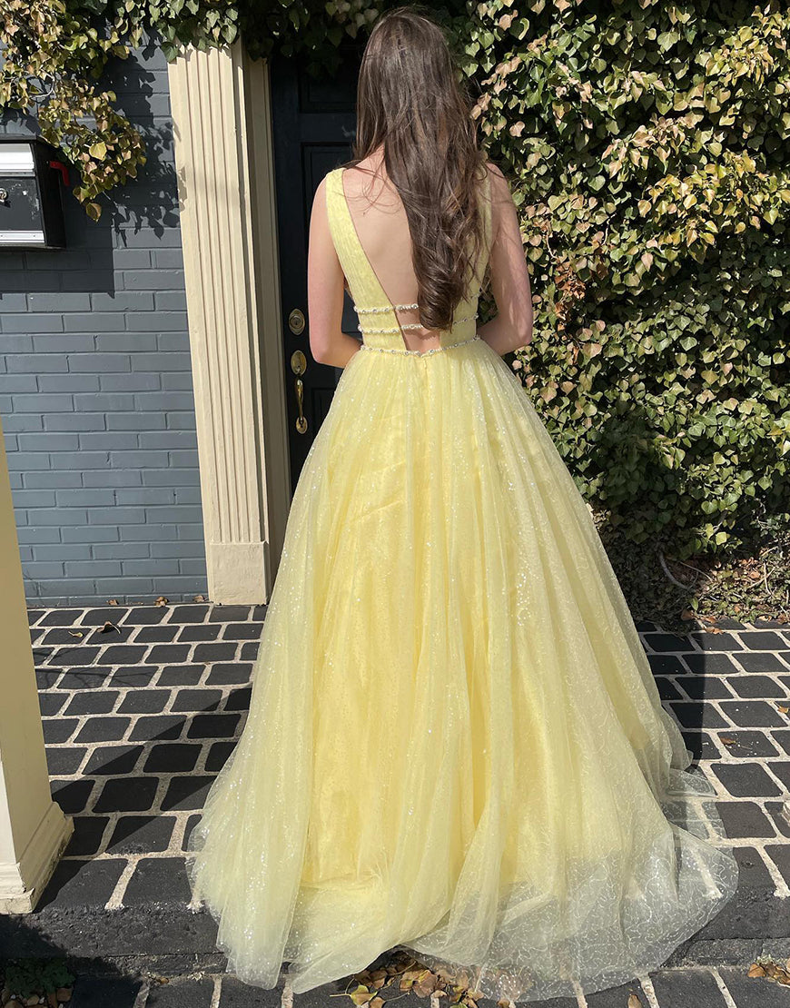 Luolandi Daffodil Long Backless Prom Dress V-neck Sexy Sparkly