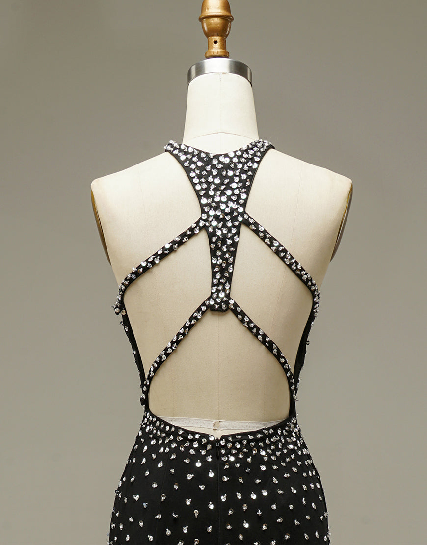 Luolandi Black Mermaid Beading Open Back Prom Dress Sparkly Evening Dress