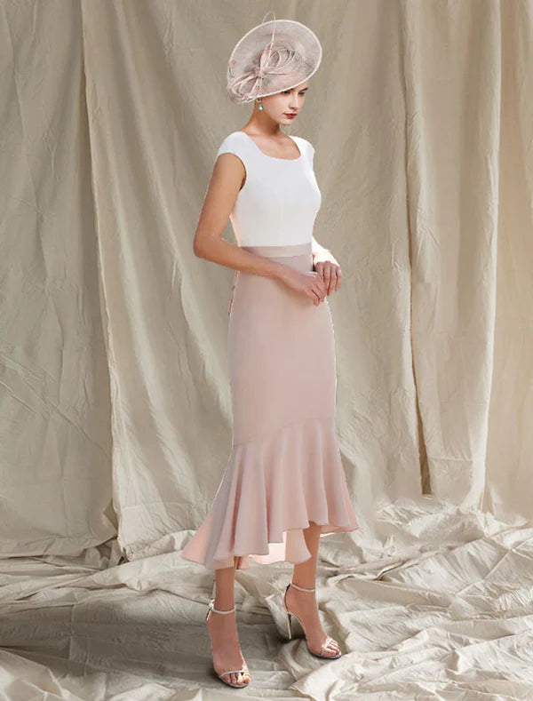 Luolandi Two Piece Mermaid / Trumpet Mother of the Bride Dress Church Elegant High Low Square Neck Asymmetrical Tea Length Chiffon Sleeveless Short Jacket Dresses