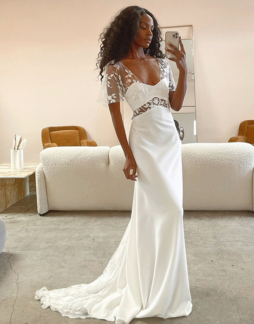 Luolandi Elegant Bohemian Wedding Dress with Lace Floor Length Beautiful Bridal Gown