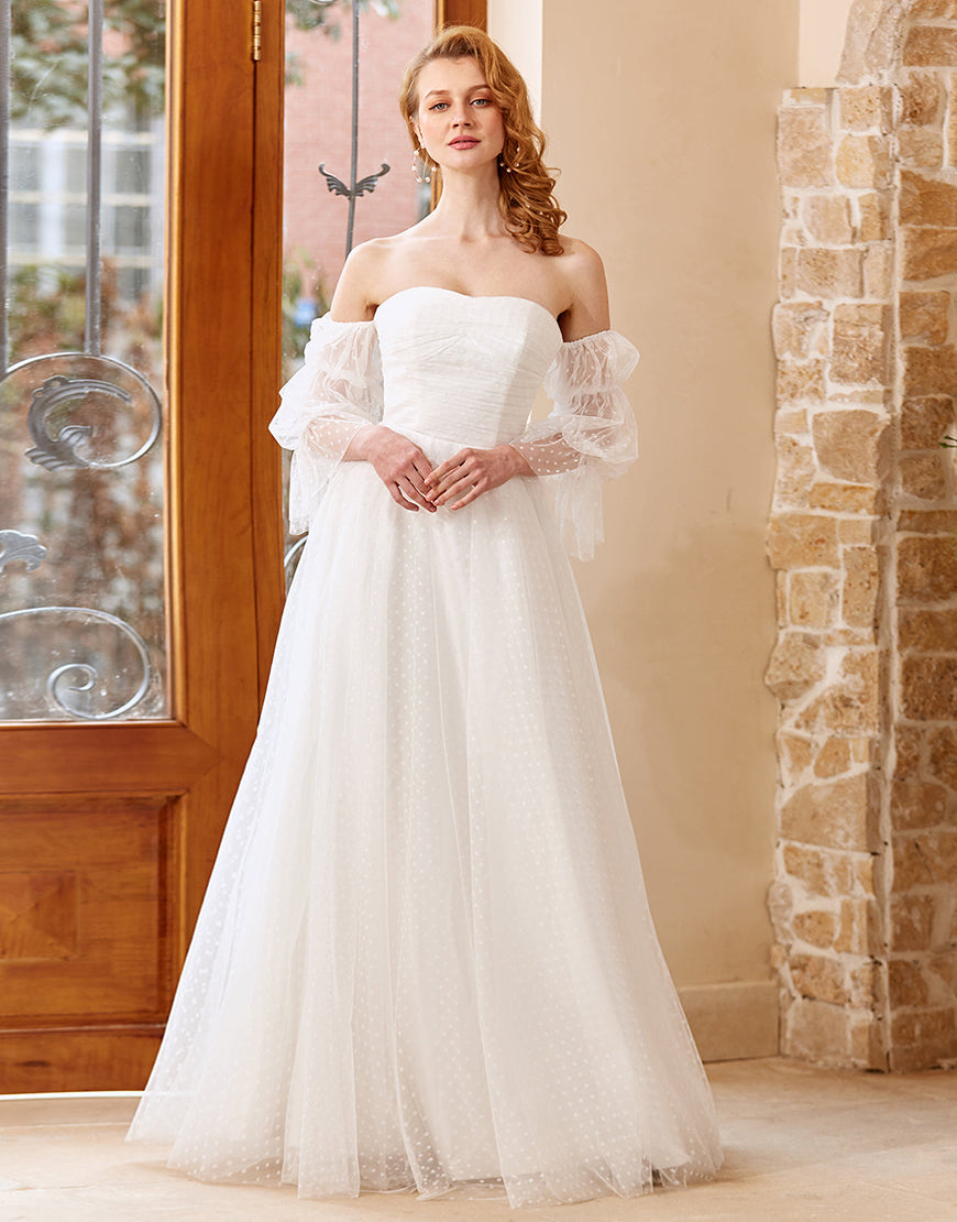 Luolandi A Line Off the Shoulder Wedding Dress with Long Sleeves Floor Length