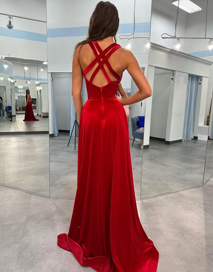 Luolandi Red Sheath V Neck Long Prom Dress With Slit Sexy Evening Dress