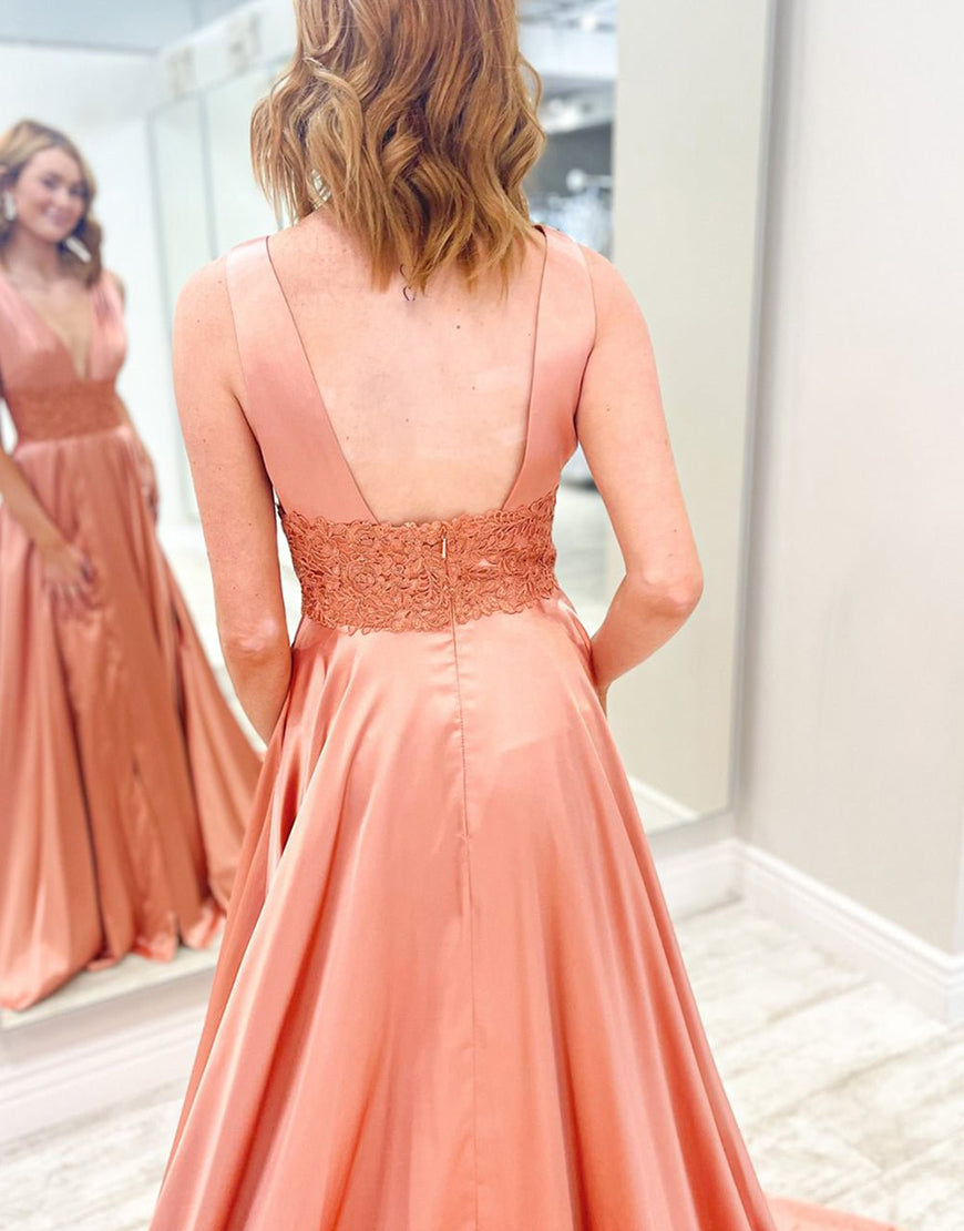 Luolandi Deep V-neck Satin Prom Dress with Split Burgundy Sexy Evening Dresses