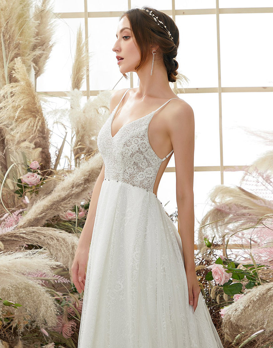 Luolandi V Neck Blackless Wedding Dress Open Back Floor Length Beautiful off