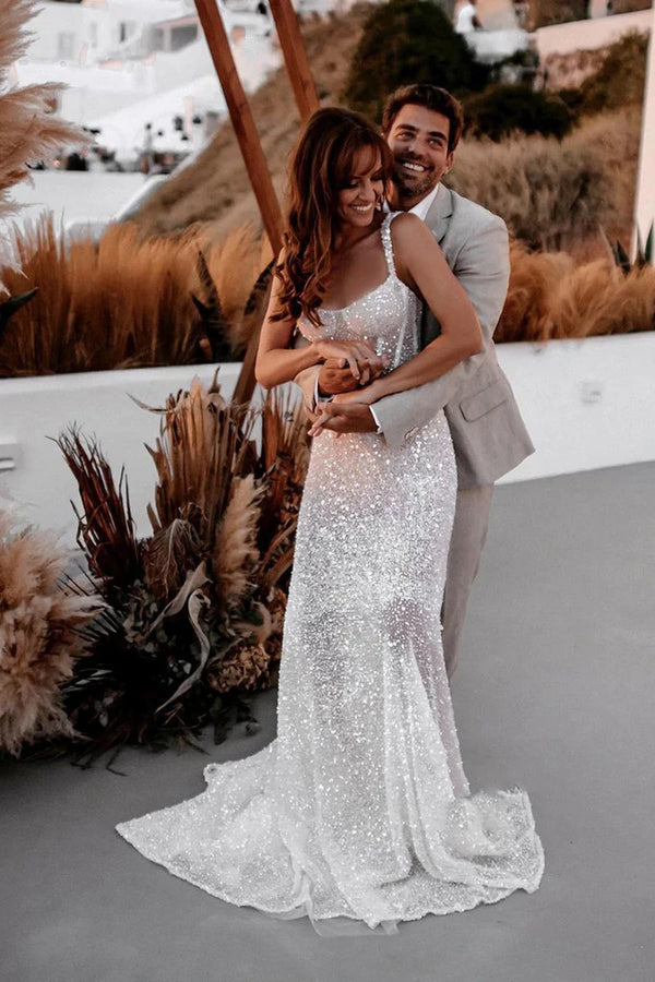 Luolandi Sparkly A Line Sweetheart Sequins Wedding Dresses Charming Evening Dress