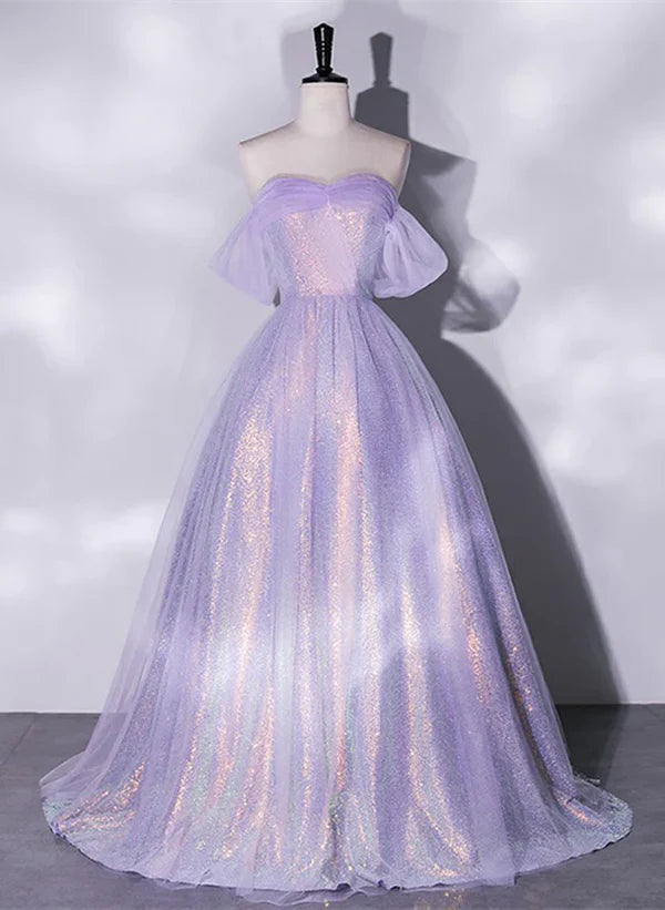 Luolandi Lavender A-line Tulle and Sequins Prom Dress Off Shoulder Tulle Evening Dress Sparkly
