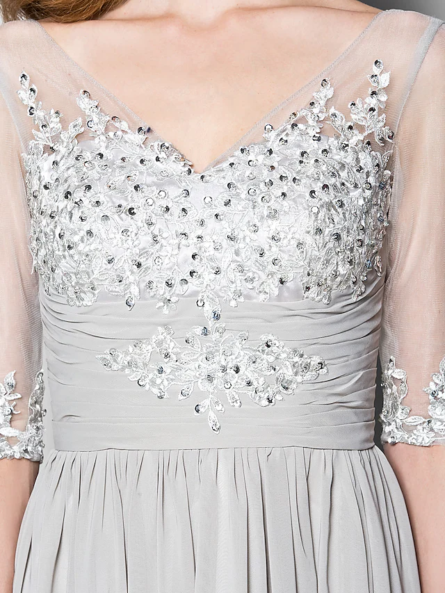 Luolandi A-Line Mother of the Bride Dress V Neck Floor Length Chiffon Tulle Half Sleeve with Ruched Beading Silver