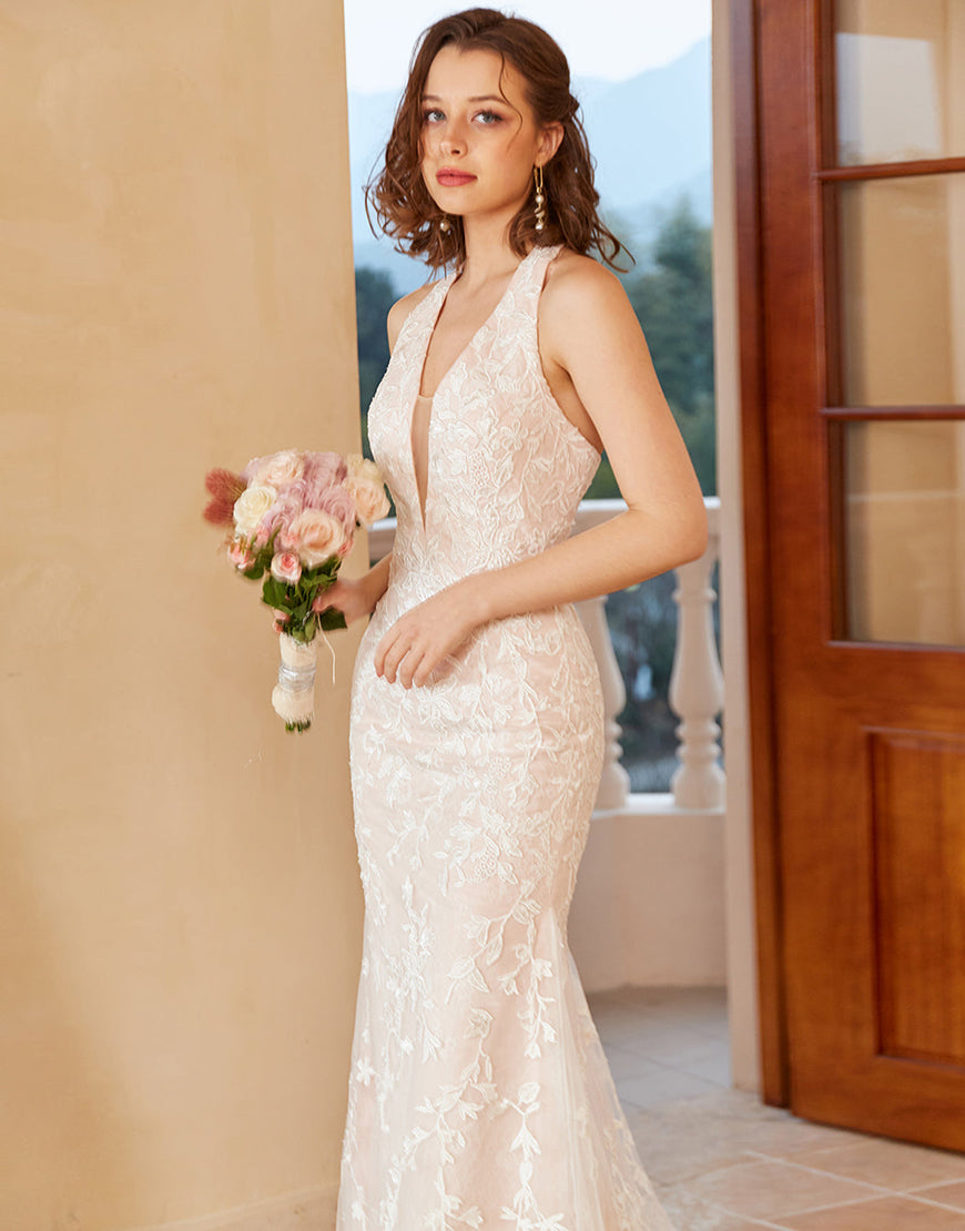 Luolandi Mermaid Deep V Neck Lace Wedding Dress with Appliques Beautiful