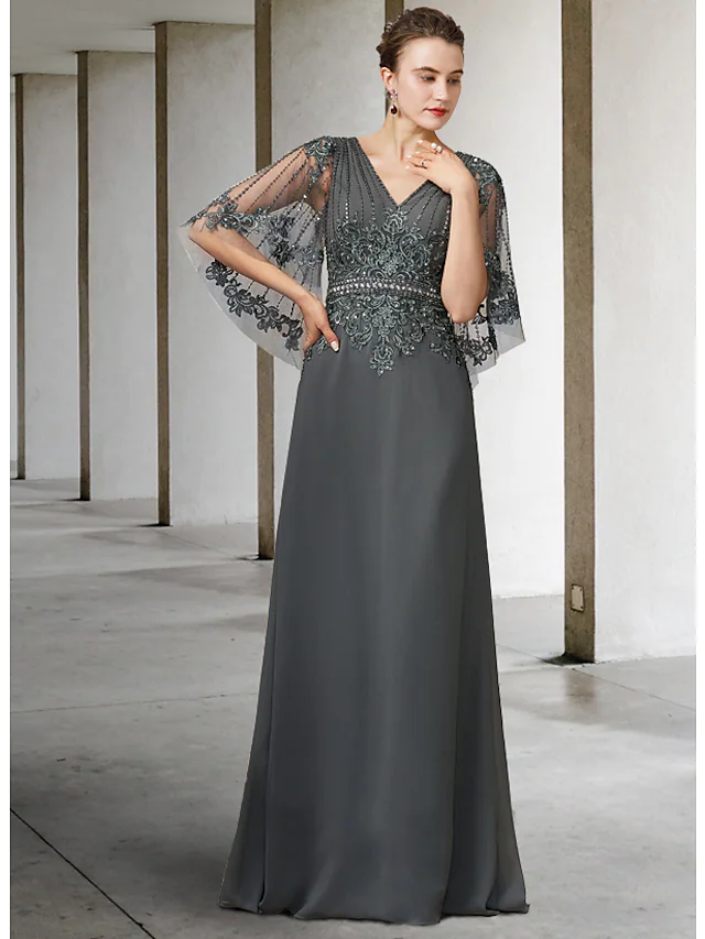 Luolandi A-Line Mother of the Bride Dress Elegant V Neck Floor Length Chiffon Lace Half Sleeve with Sash Ribbon Appliques Charcoat Gray