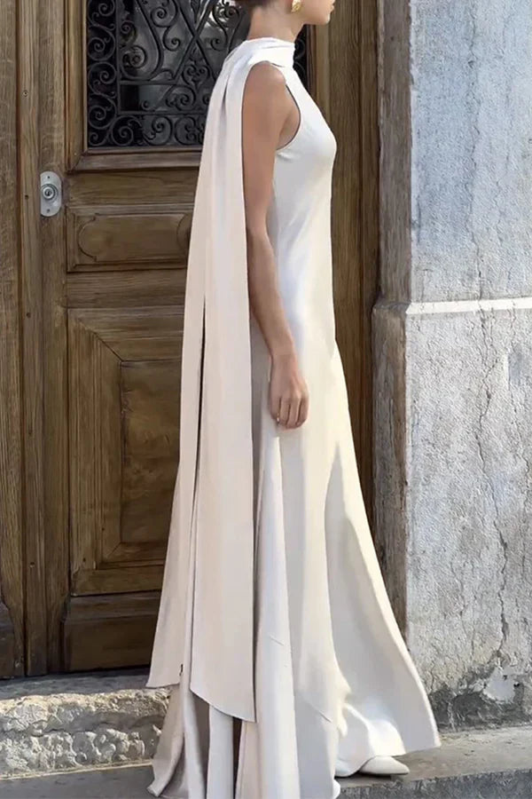 Luolandi Elegant solid color patchwork O-neck evening dress Floor Length Pure Color