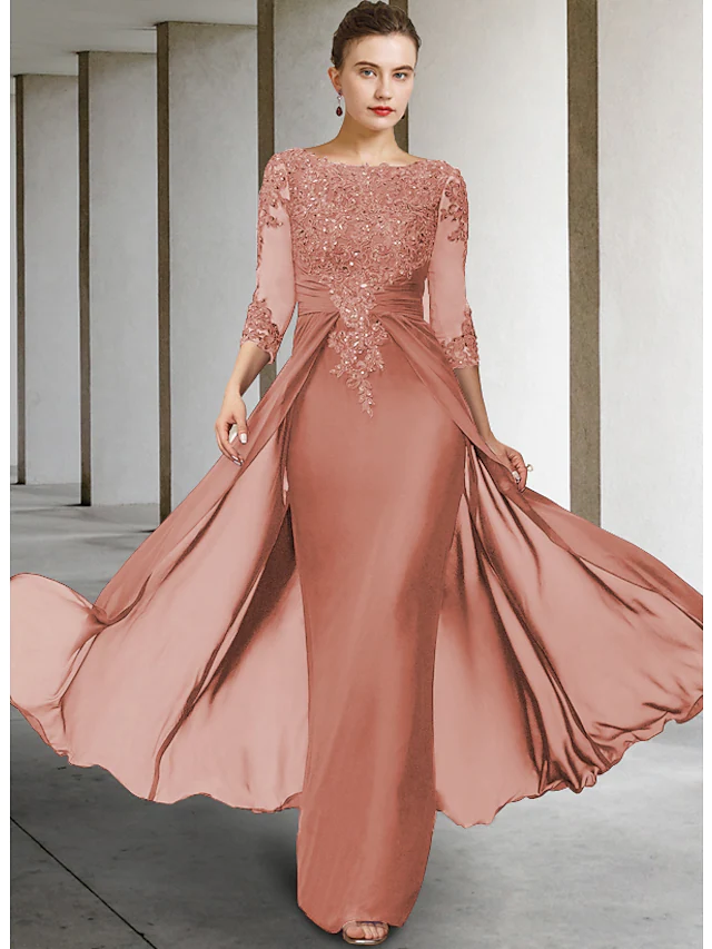 Luolandi Mother of the Bride Dress Elegant Sparkle & Shine Jewel Neck Asymmetrical Floor Length Chiffon Lace 3/4 Length Sleeve with Appliques