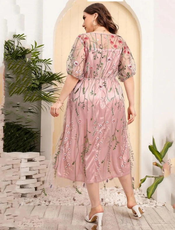 Luolandi Mother of the Bride Dresses Plus Size Curve Hide Belly Party Plus Size Hide Belly Scoop Neck Ankle Length Tulle Half Sleeve with Embroidery Ruching Beautiful