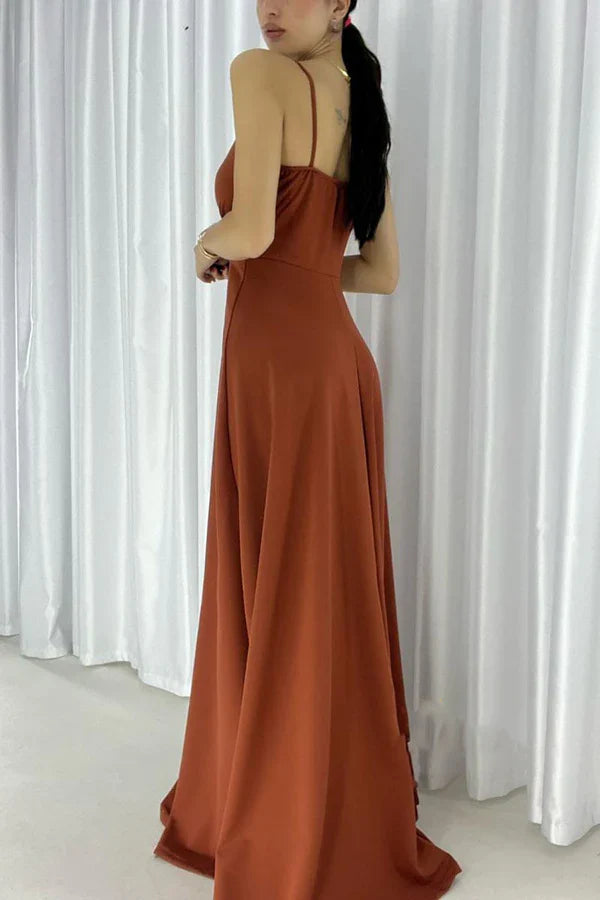Luolandi Simple A-line sexy V-neck shoulder strap long slit evening dress Pure Color