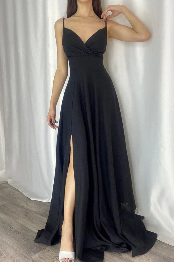 Luolandi Chic modern A-line V-neck slim shoulder strap long evening dress Pure Color