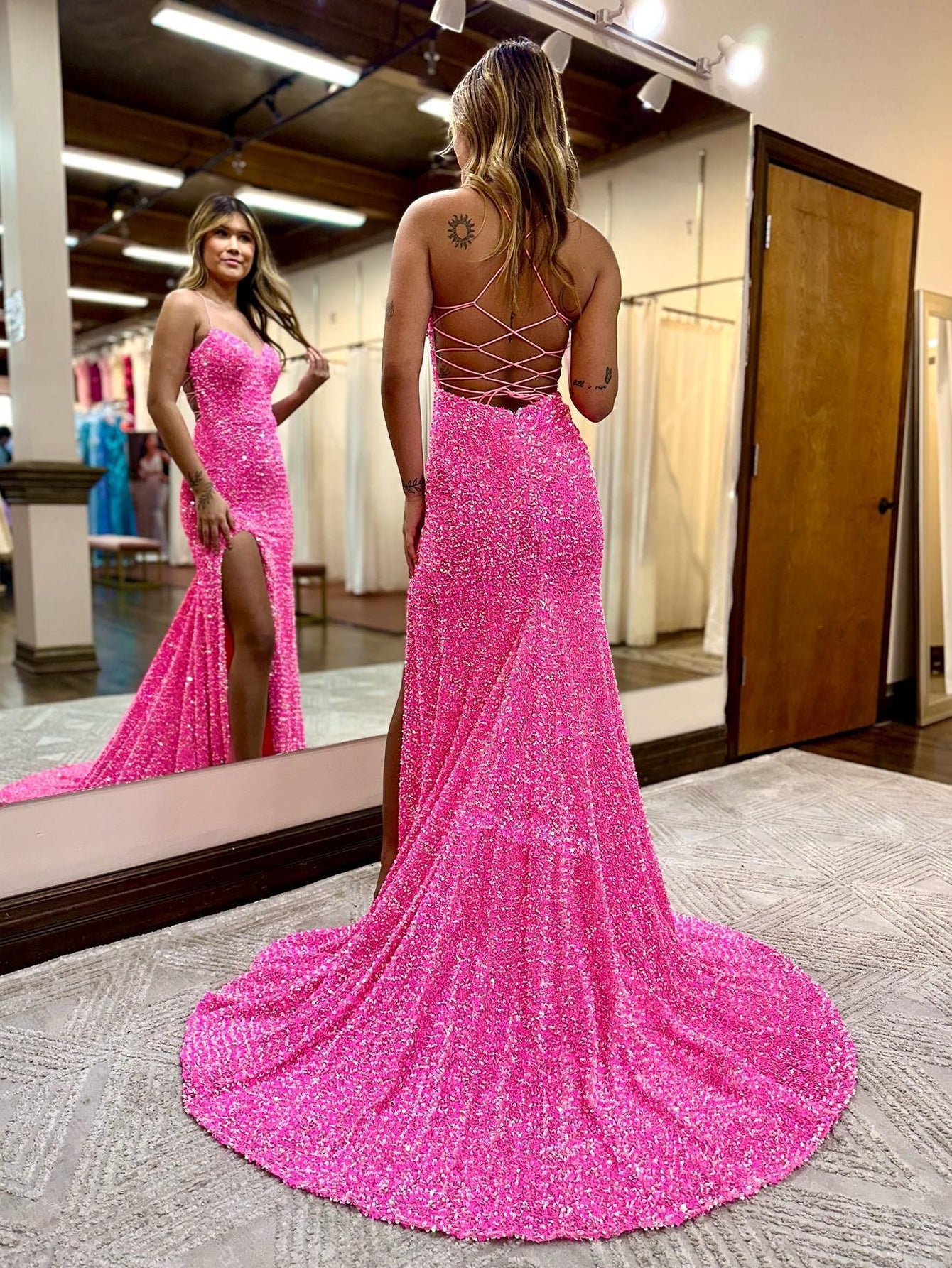 Luolandi Mermaid Spaghetti Straps Hot Pink Prom Dress with Slit Sparkly