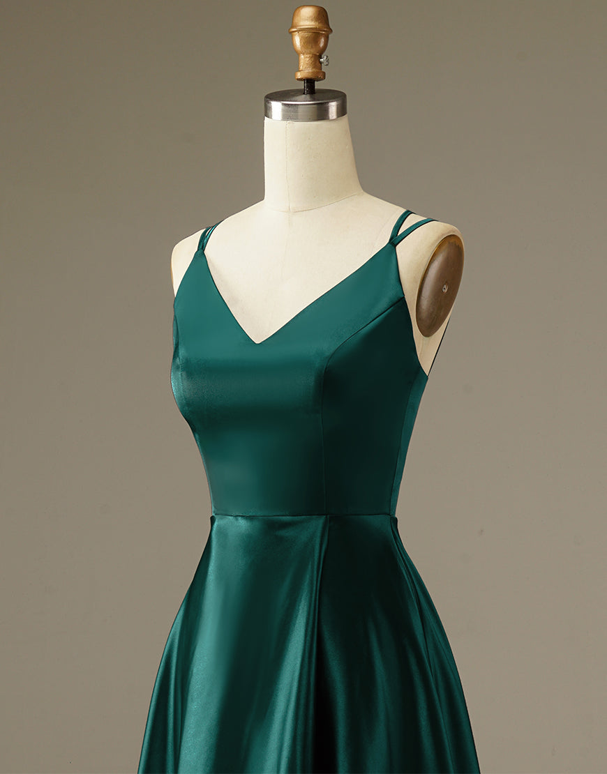Luolandi Dark Green Satin Long Simple Prom Dress V-neck Sexy Evening Dress Party Dress