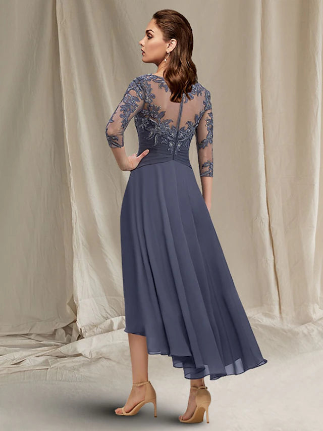 Luolandi A-Line Mother of the Bride Dress Elegant High Low Jewel Neck Asymmetrical Tea Length Chiffon Lace Short Sleeve Wrap Included with Ruched Sequin
