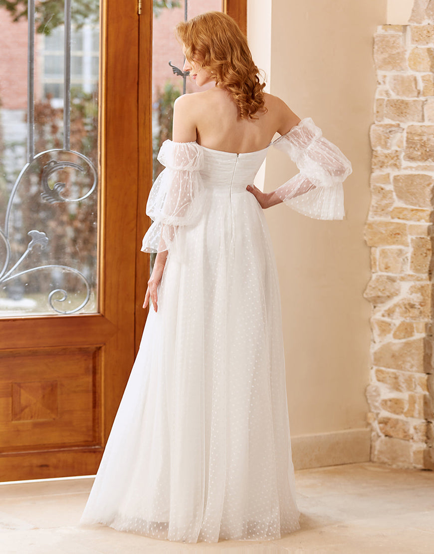 Luolandi A Line Off the Shoulder Wedding Dress with Long Sleeves Floor Length