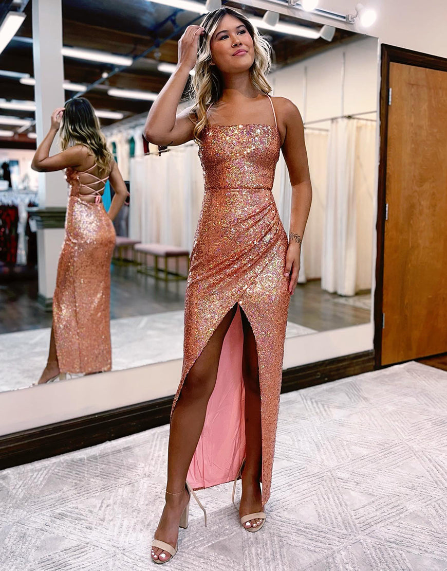 Luolandi Glitter Sequin Prom Dress with Split Sexy Evening Dresses Sparkly