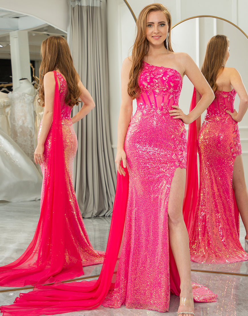 Luolandi Sparkly Fuchsia Mermaid One Shoulder Long Prom Dress With Slit Sexy