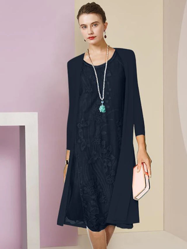 Luolandi Two Piece Sheath / Column Mother of the Bride Dress Formal Wedding Guest Elegant Scoop Neck Knee Length Chiffon Lace Half Sleeve Jacket Dresses