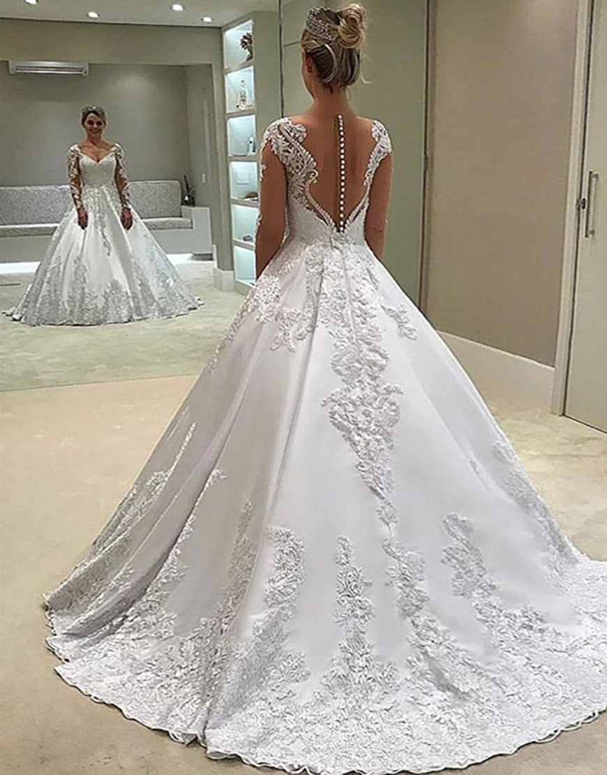 Luolandi A Line V Neck Long Sleeves Long Bridal Dress Wedding Dresses Beautiful