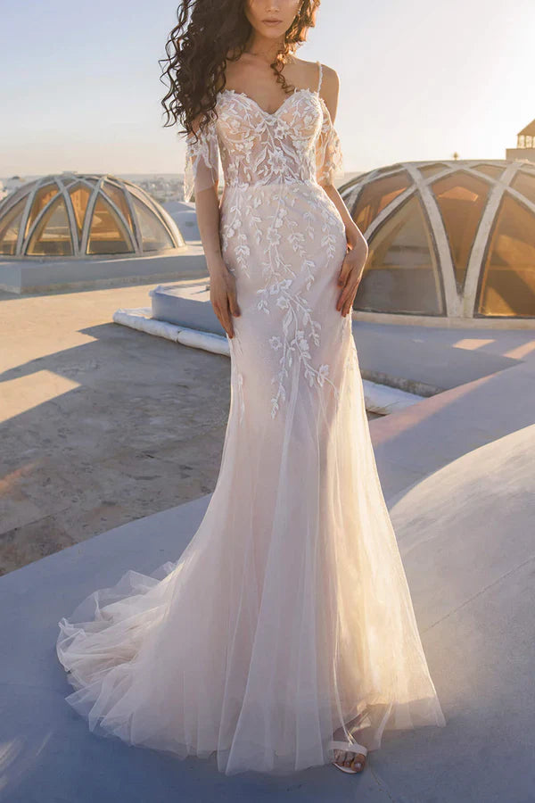 Luolandi Thin shoulder strap lace decal detachable skirt hem fishtail wedding dress Beautiful