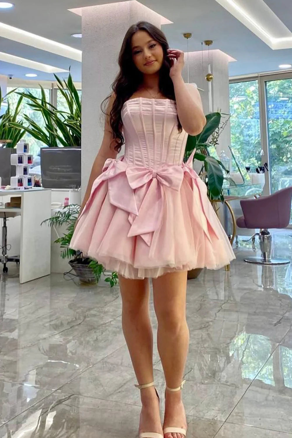 Luolandi A Line Pink Strapless Homecoming Dress With Bows Off Shoulder Beautiful Graduation Dress