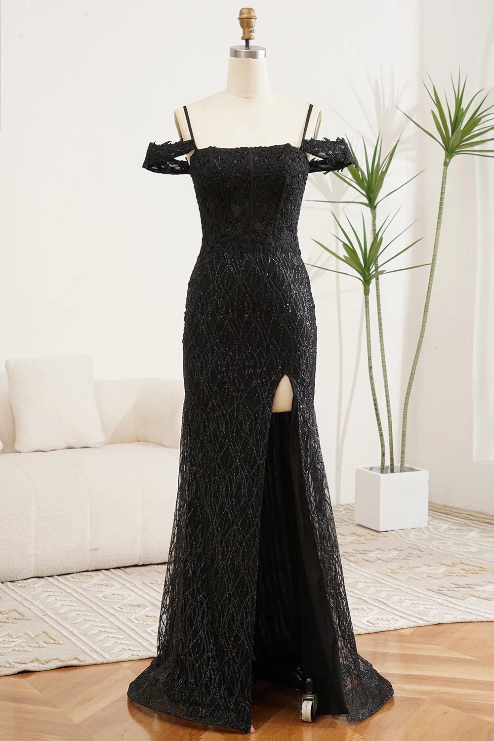 Luolandi Sparkly Black Mermaid Off The Shoulder Prom Dress With Slit Charming Evening Dress