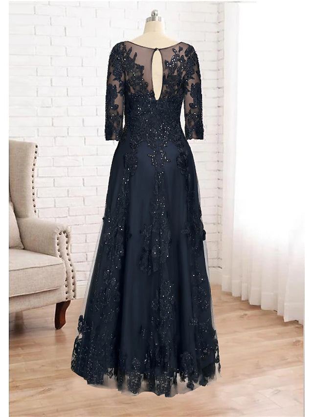 Luolandi A-Line Mother of the Bride Dress Luxurious Elegant Jewel Neck Floor Length Lace Tulle Imitated Silk 3/4 Length Sleeve with Sequin