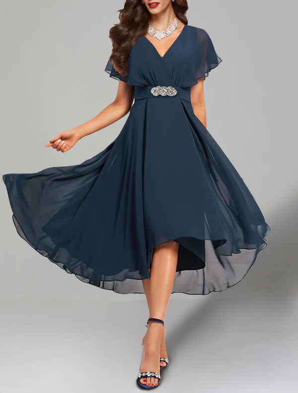 Luolandi A-Line Wedding Guest Dresses Elegant Dress Cocktail Party Church Tea Length Short Sleeve V Neck Belt / Sash Chiffon with Crystals Dark Navy