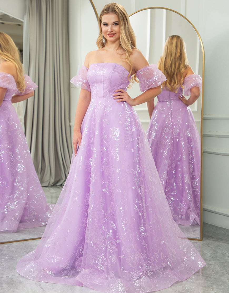 Luolandi Sparkly Lilac A Line Off The Shoulder Long Prom Dress Beautiful