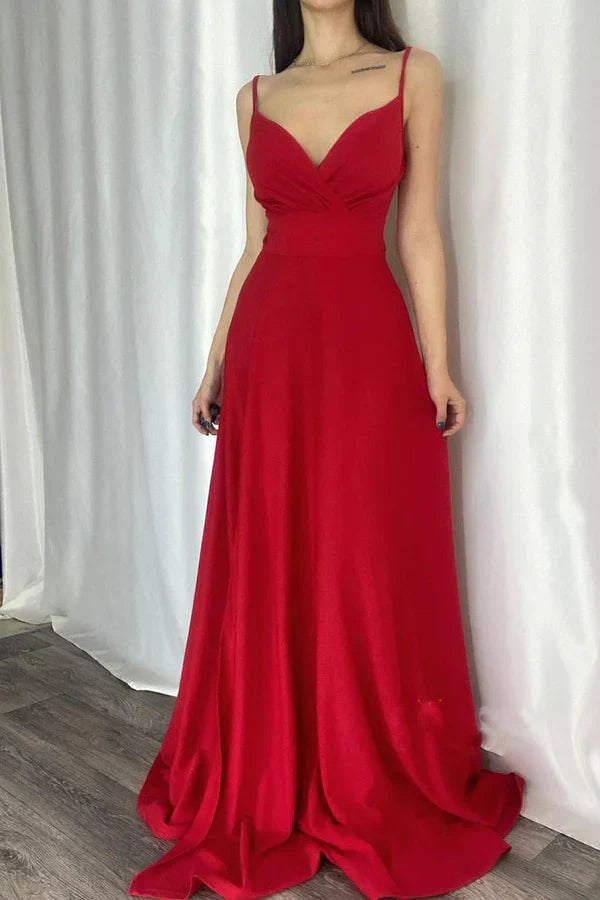 Luolandi Chic modern A-line V-neck slim shoulder strap long evening dress Pure Color