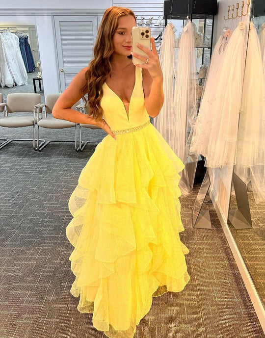 Luolandi A-Line Tiered Ruffles Light Yellow Tulle Long Prom Dress V-neck Sexy