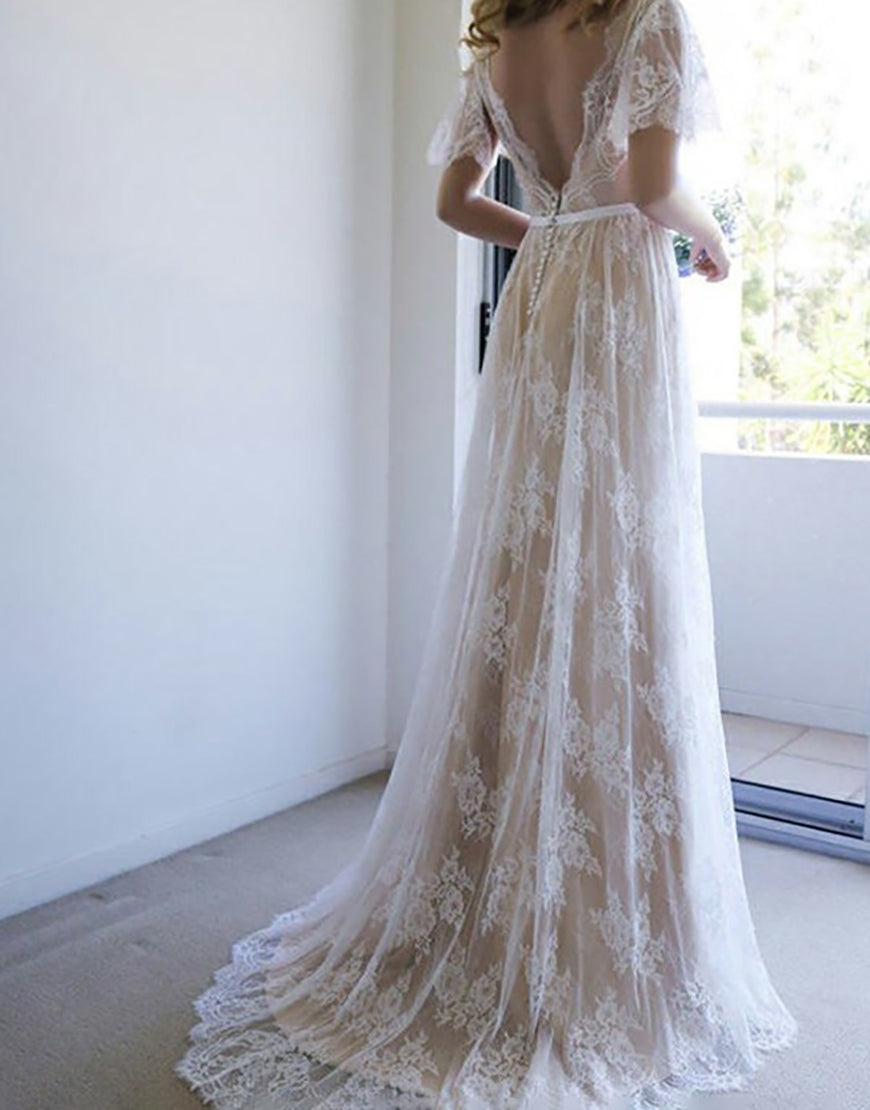 Luolandi A Line V Neck Open Back Ivory Long Bridal Dress Wedding Dresses Beautiful