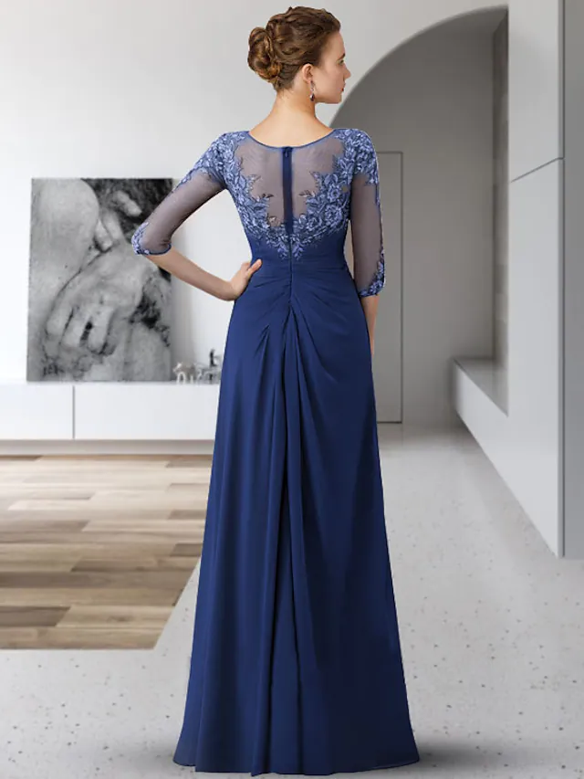 Luolandi Mother of the Bride Dress Elegant Jewel Neck Floor Length Chiffon Lace 3/4 Length Sleeve with Appliques