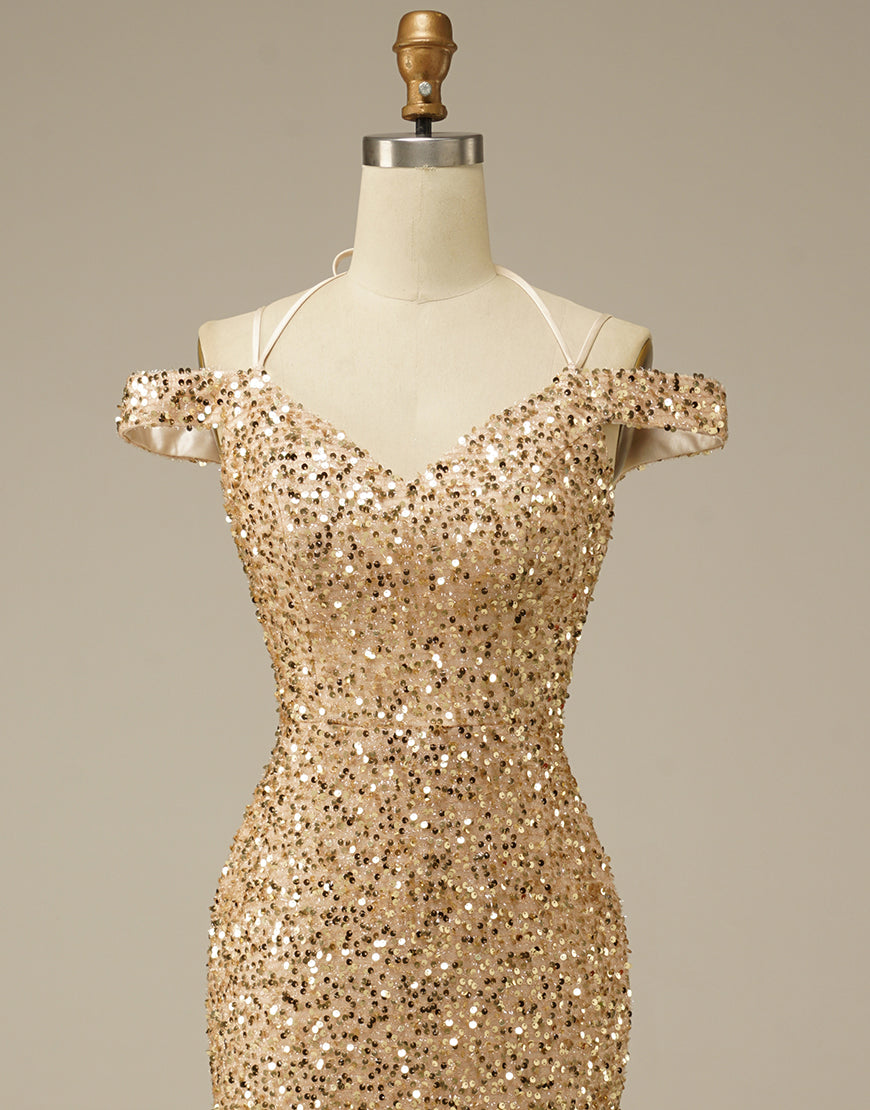 Luolandi Mermaid Off the Shoulder Champagne Prom Dress Sparkly With Slit