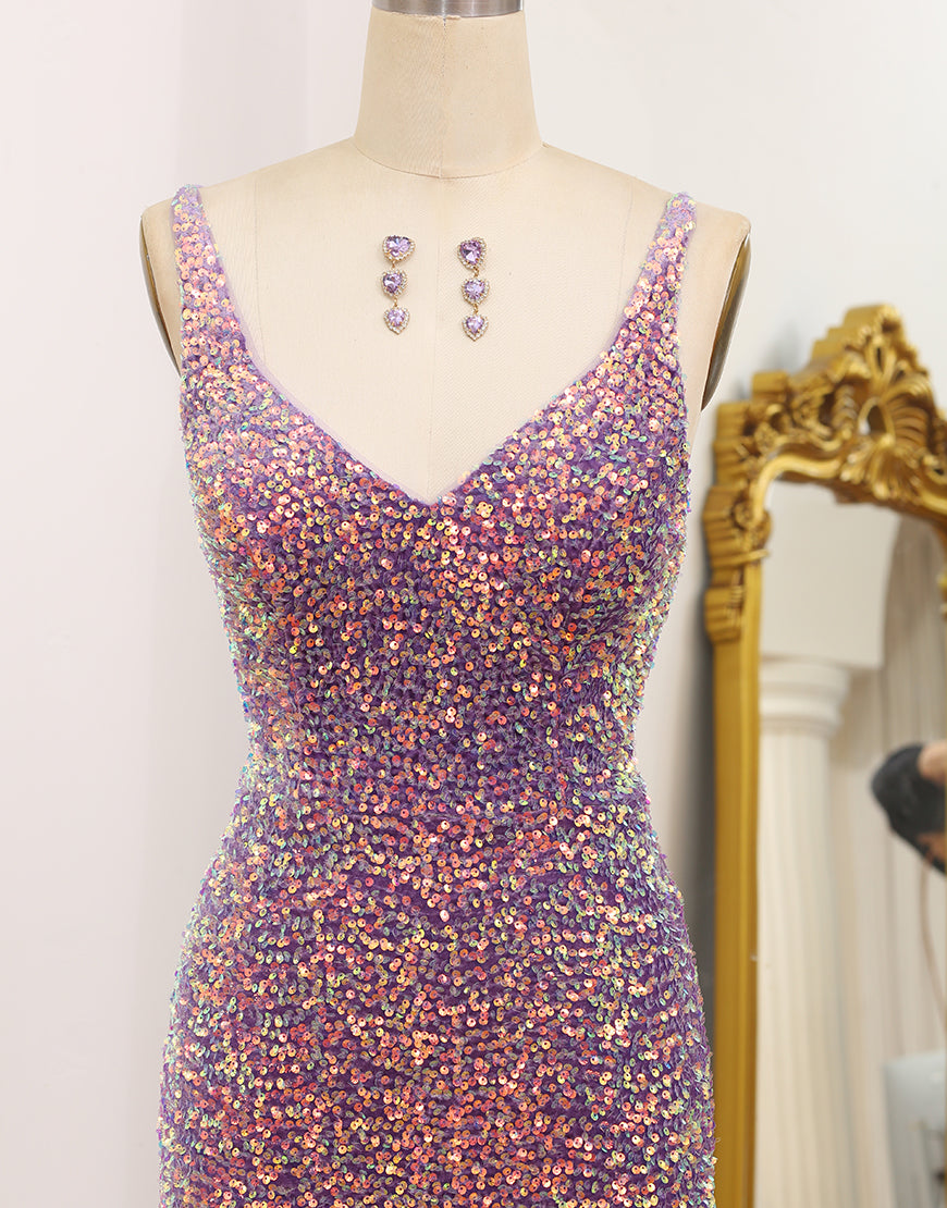 Luolandi Sparkly Light Purple Lace-Up Back Sequins Long Prom Dress with Fringes Sexy