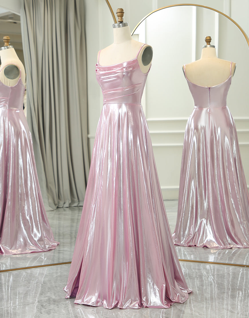 Luolandi Sparkly Pink A Line Spaghetti Straps Long Prom Dress Sexy Evening Dresses