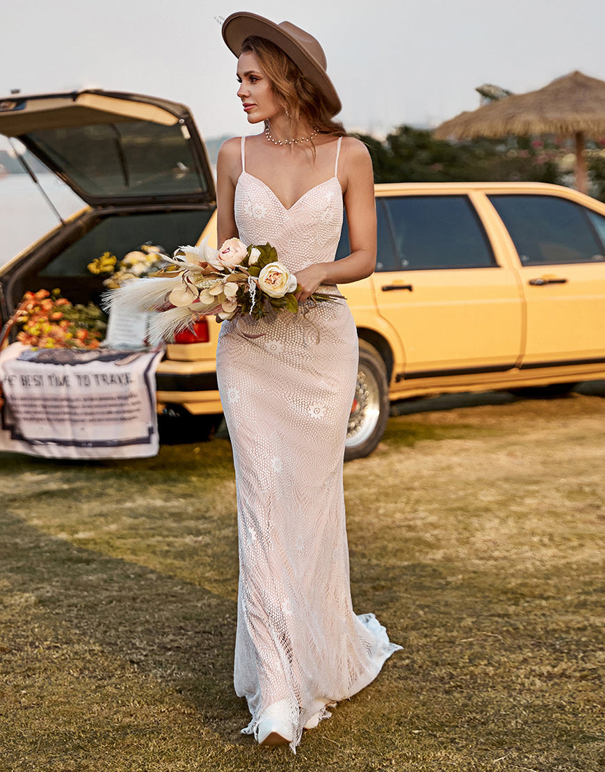 Luolandi Ivory and Champagne Spaghetti Straps Beach Wedding Dress With Sweep Train Beautiful
