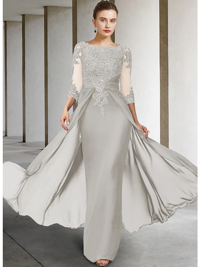 Luolandi Mother of the Bride Dress Elegant Sparkle & Shine Jewel Neck Asymmetrical Floor Length Chiffon Lace 3/4 Length Sleeve with Appliques