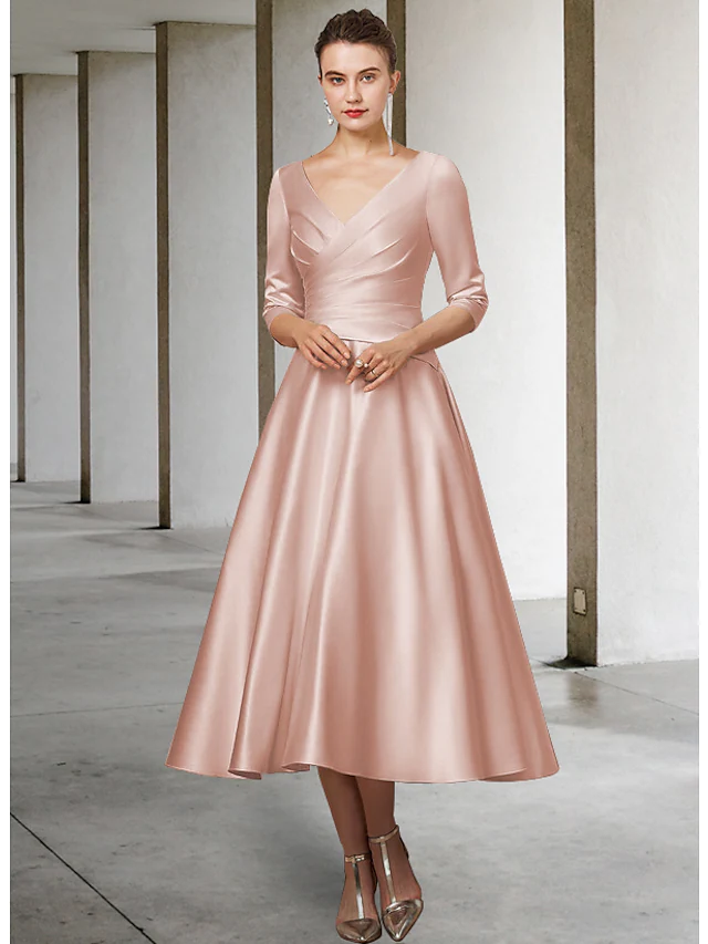Luolandi A-Line Mother of the Bride Dress Elegant V Neck Tea Length Satin Half Sleeve with Pleats Ruching Dusty Rose