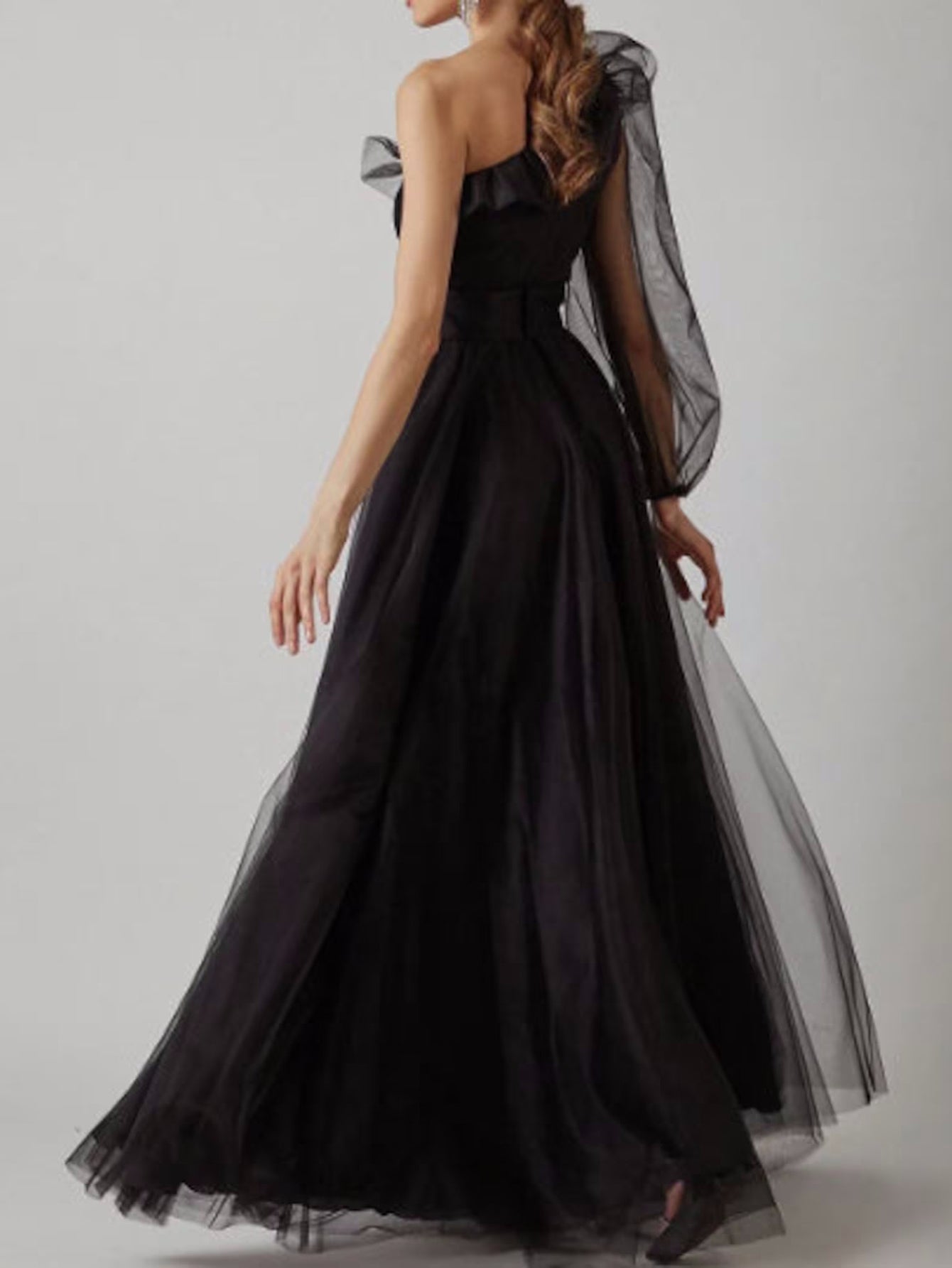 Luolandi One Shoulder Black Tulle A Line Long Prom Dress With Slit Sexy Evening Dress