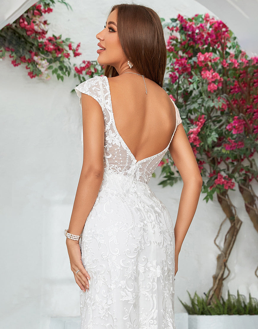 Luolandi Ivory Mermaid Lace V-Neck Wedding Dress Floor Length Beautiful