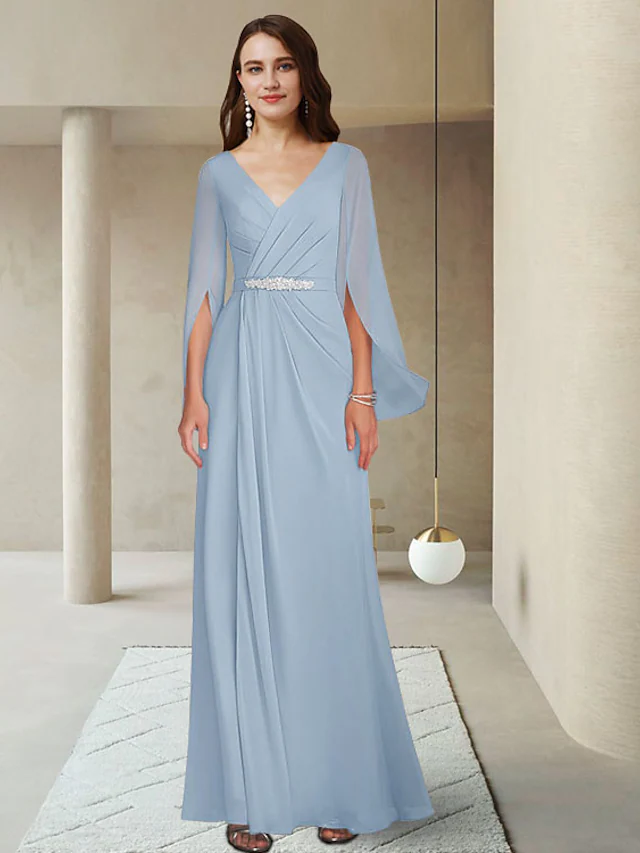 Luolandi Mother of the Bride Dress Elegant V Neck Ankle Length Chiffon Long Sleeve with Crystal Brooch Ruching Beautiful