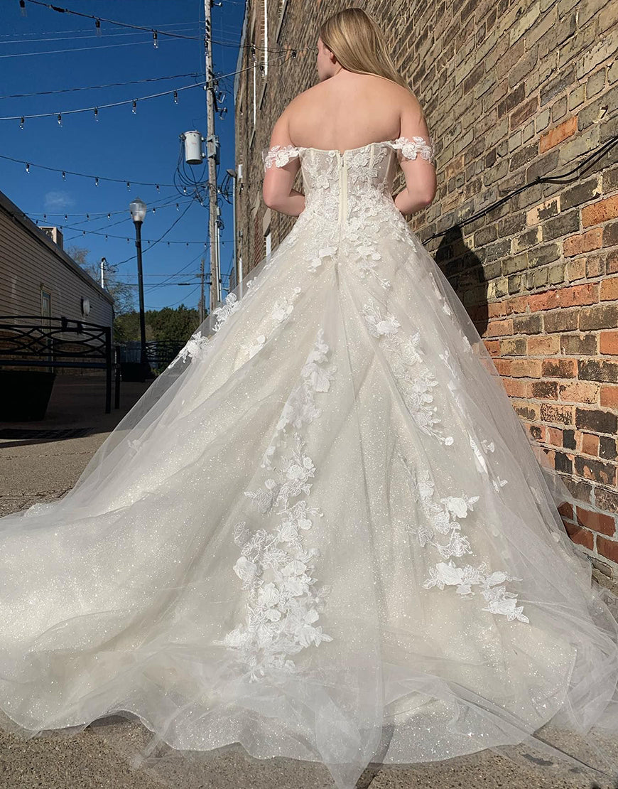 Luolandi Glitter A-Line Off The Shouder Long Wedding Dress with Appliques Beautiful
